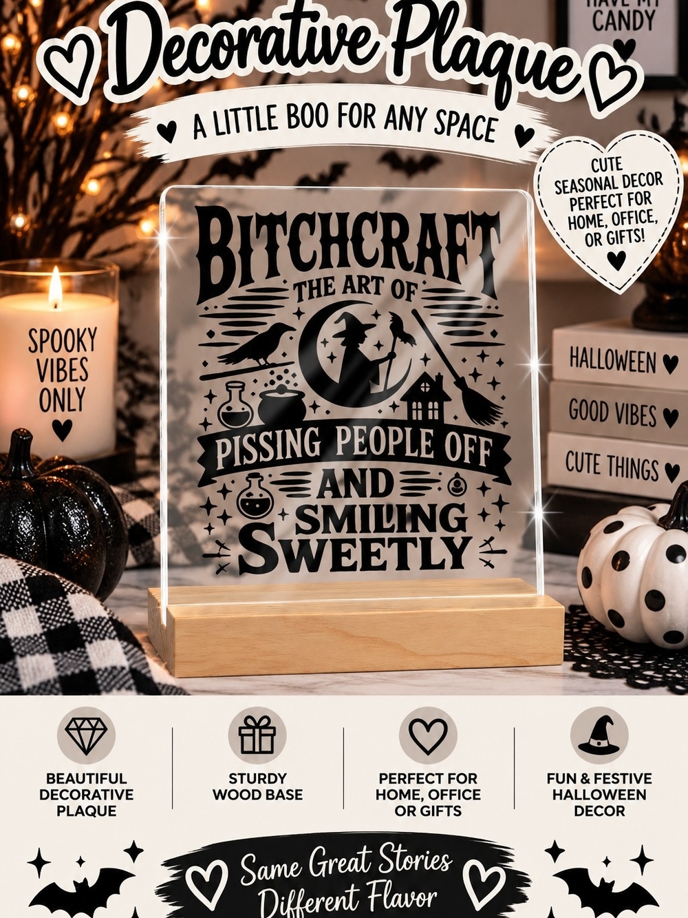 Bitchcraft Decorative Plaque – Black Acrylic with Wood Base